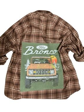 Ford Bronco Upcycled T Shirt Flannel Top plaid grunge festival Boyfriend